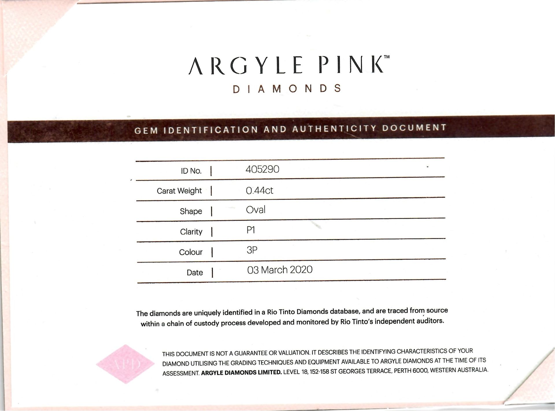 CERTIFIED ARGYLE Oval Diamond 0.44ct 3P P1