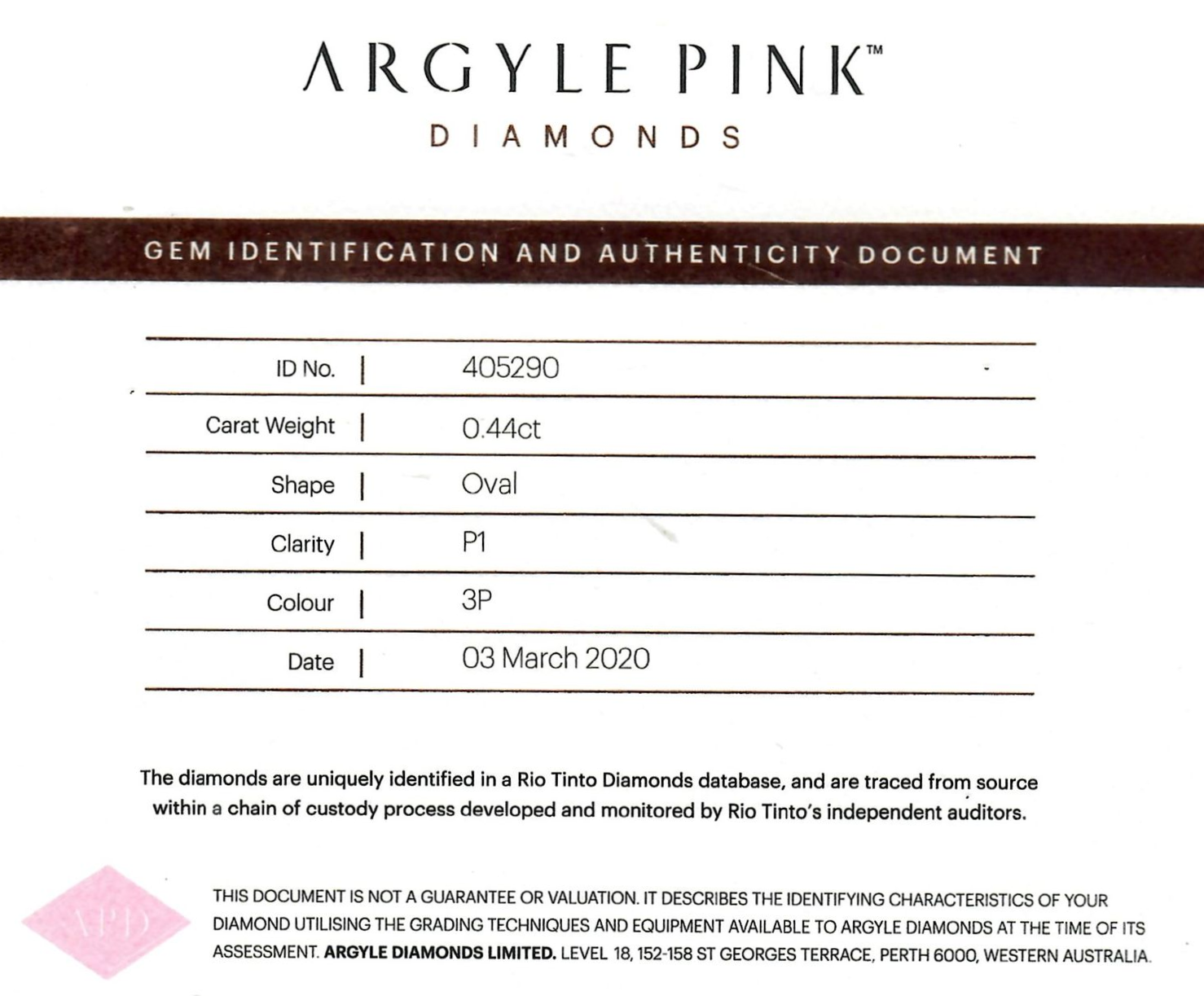 CERTIFIED ARGYLE Pear Diamond 0.44ct 5P P1