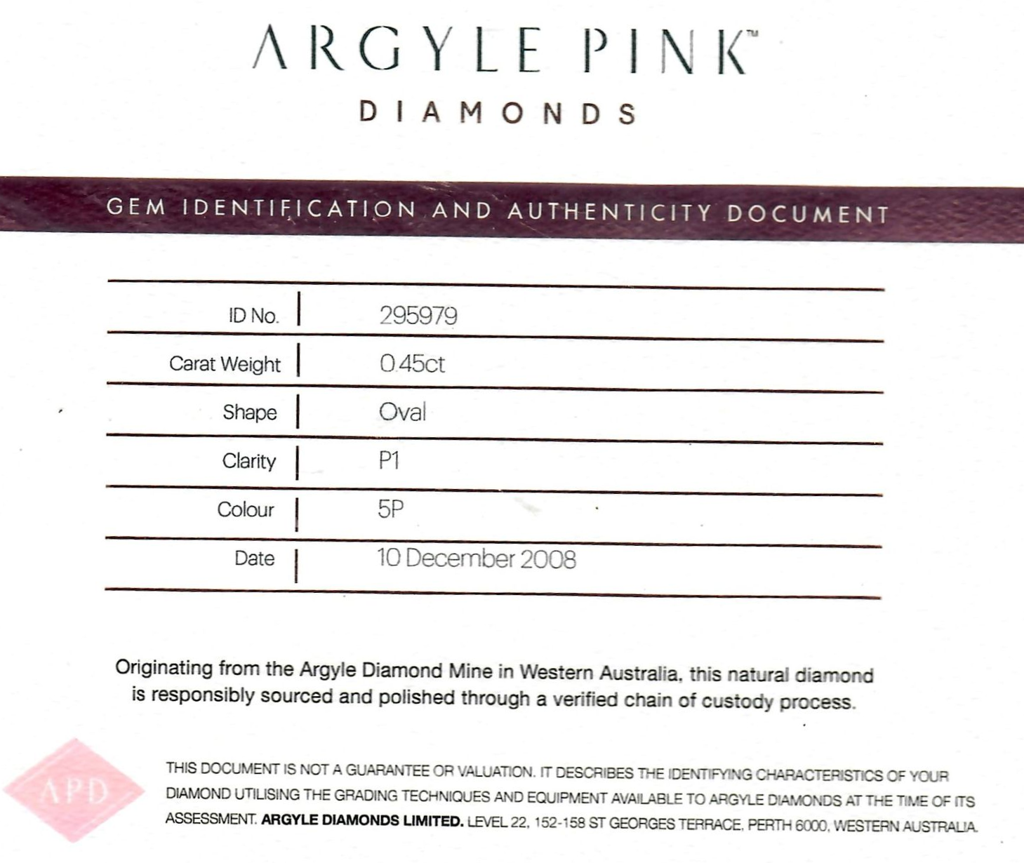 CERTIFIED ARGYLE Oval Diamond 0.45ct 5PP P1