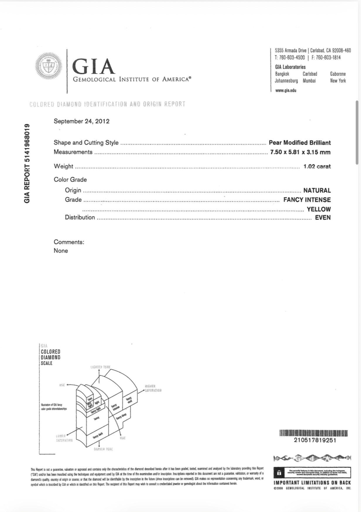 ORIGIN ARGYLE 1.02ct Yellow Pear Diamond SI2
