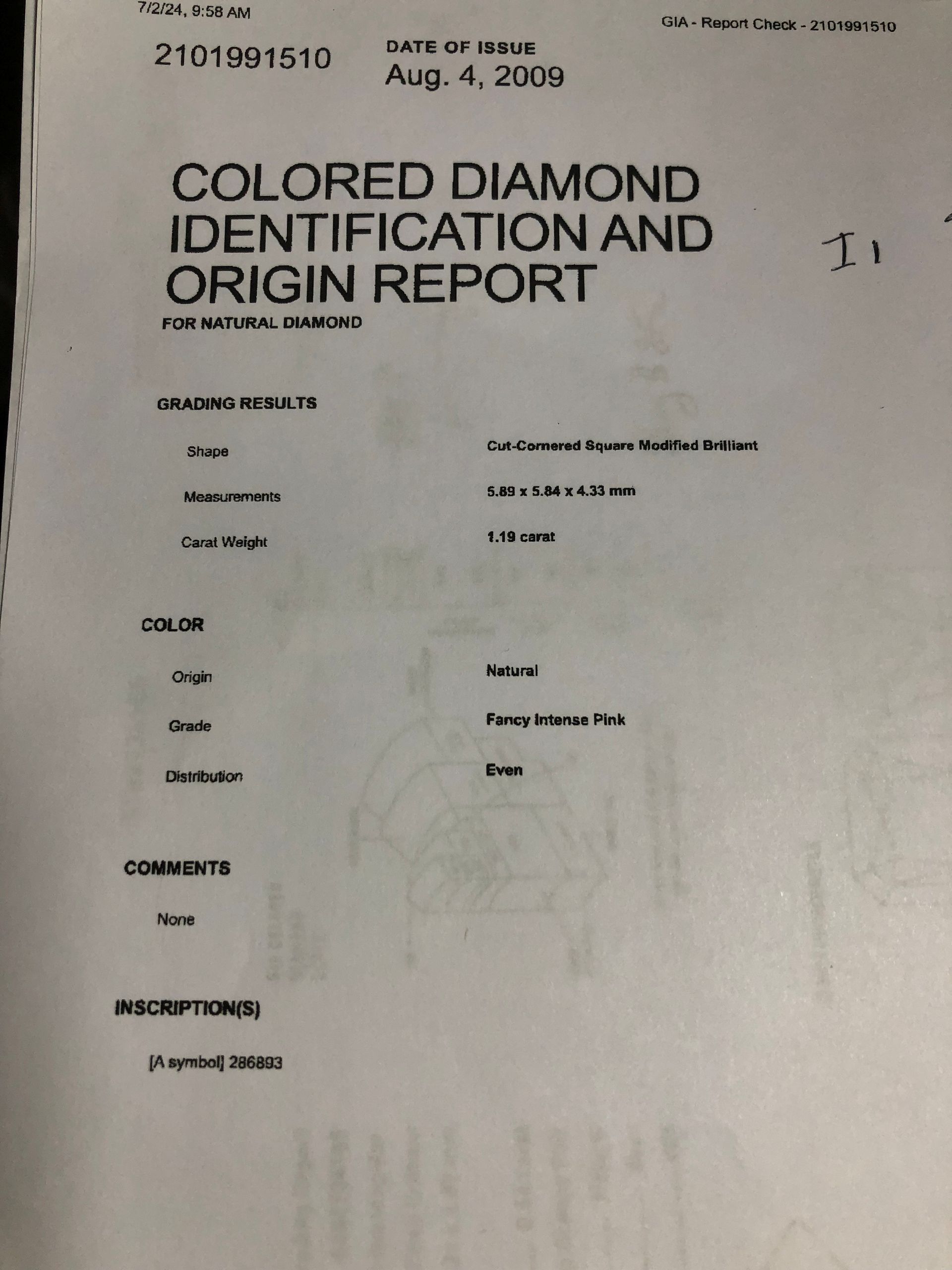 CERTIFIED ARGYLE Radiant Diamond 1.19ct 5PR P1