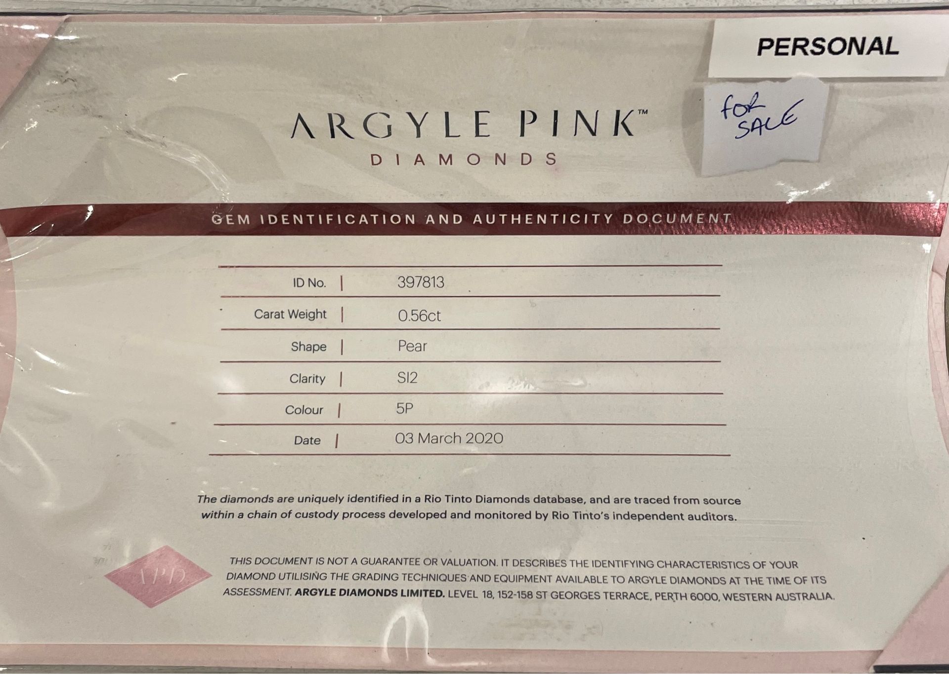 CERTIFIED ARGYLE Pear Diamond 0.56ct 5P SI1