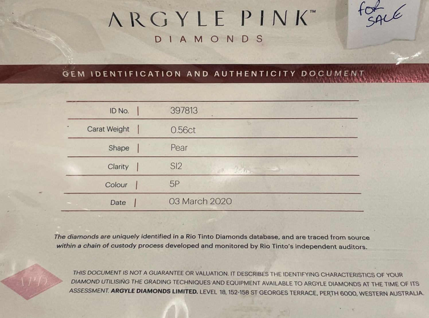 CERTIFIED ARGYLE Pear Diamond 0.56ct 5P SI1