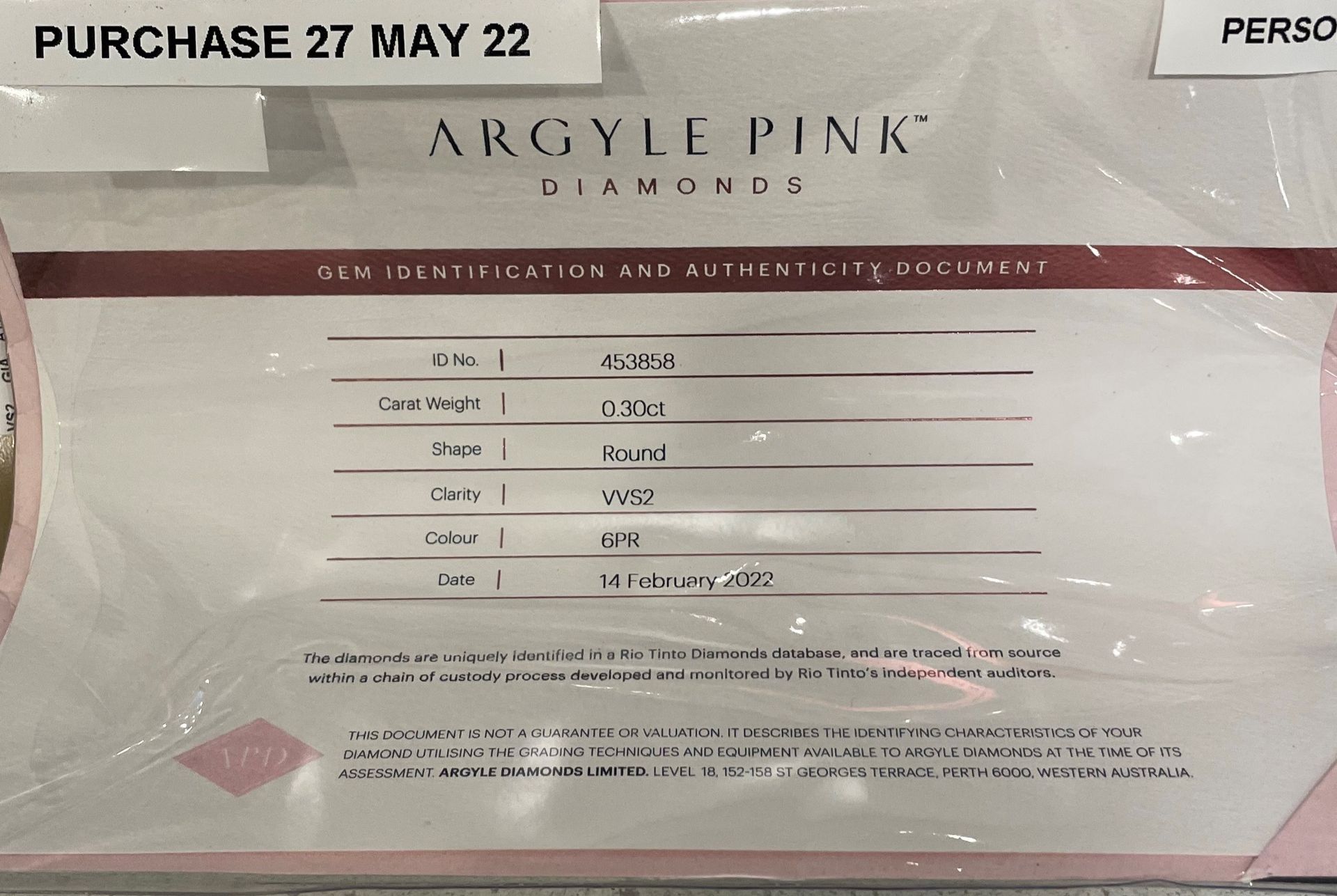 CERTIFIED ARGYLE Round Diamond 0.30CT 6PR VVS2