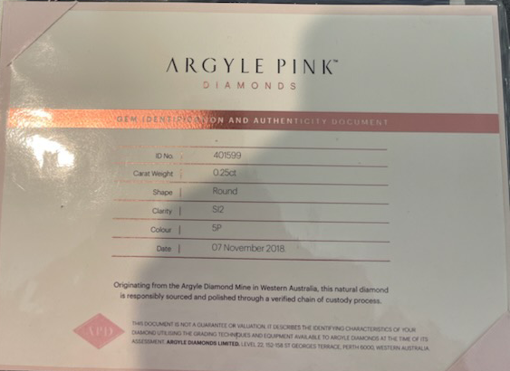 CERTIFIED ARGYLE Round Diamond 0.25ct 5P SI2