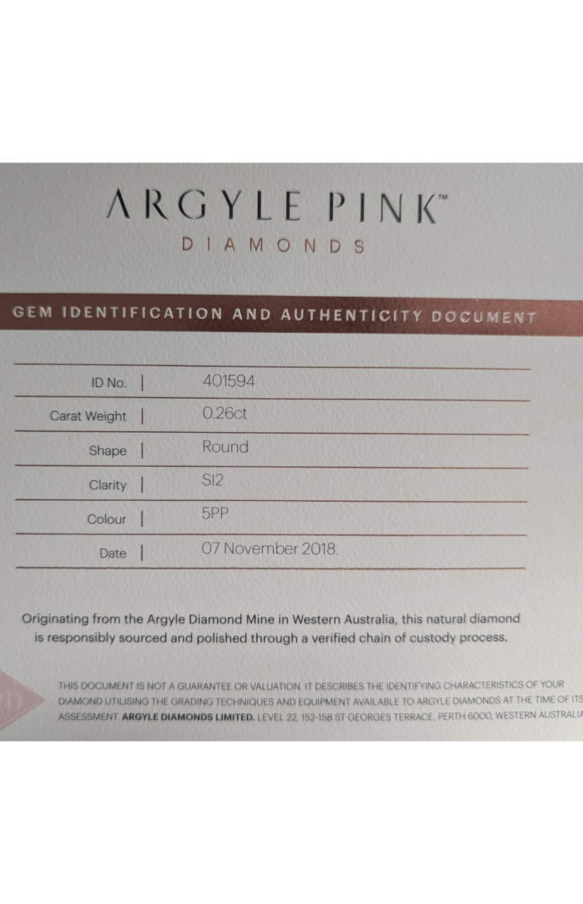 CERTIFIED ARGYLE Round Diamond 0.26ct 5PP SI2