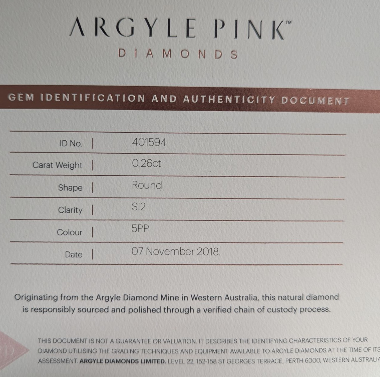 CERTIFIED ARGYLE Round Diamond 0.26ct 5PP SI2