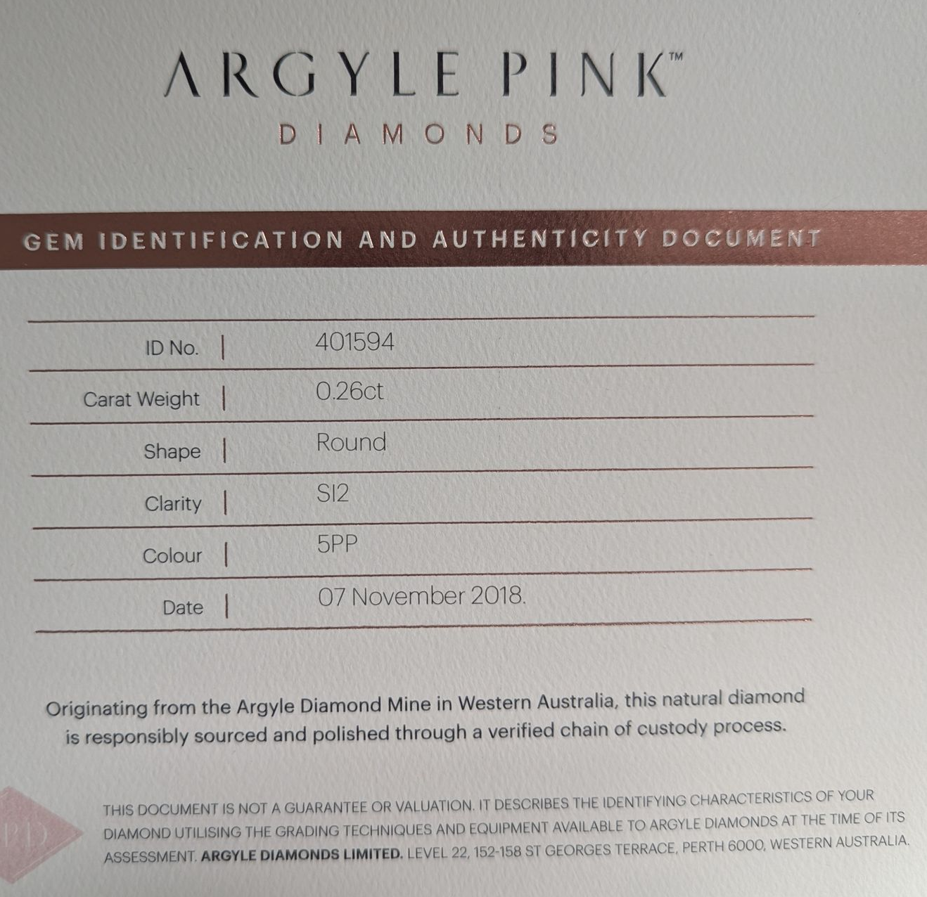 CERTIFIED ARGYLE Round Diamond 0.26ct 5PP SI2