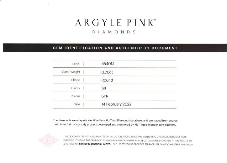 CERTIFIED ARGYLE Round Diamond 0.20ct 6PR SI1