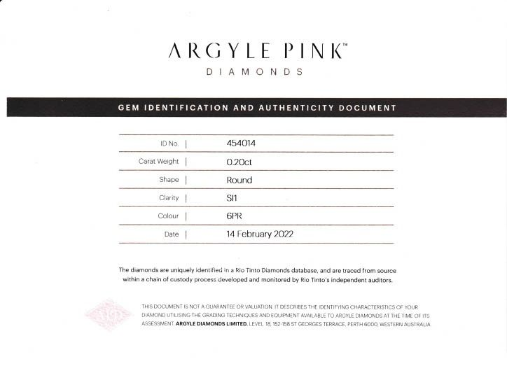 CERTIFIED ARGYLE Round Diamond 0.20ct 6PR SI1