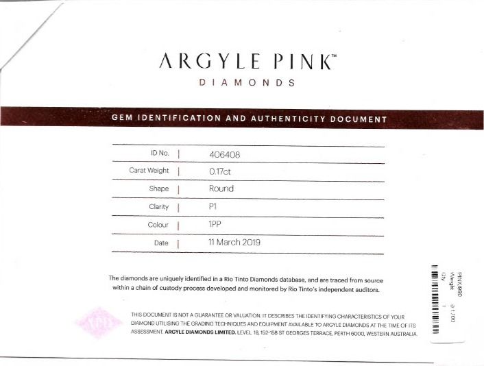 CERTIFIED ARGYLE Round Diamond 0.17ct 1PP P1