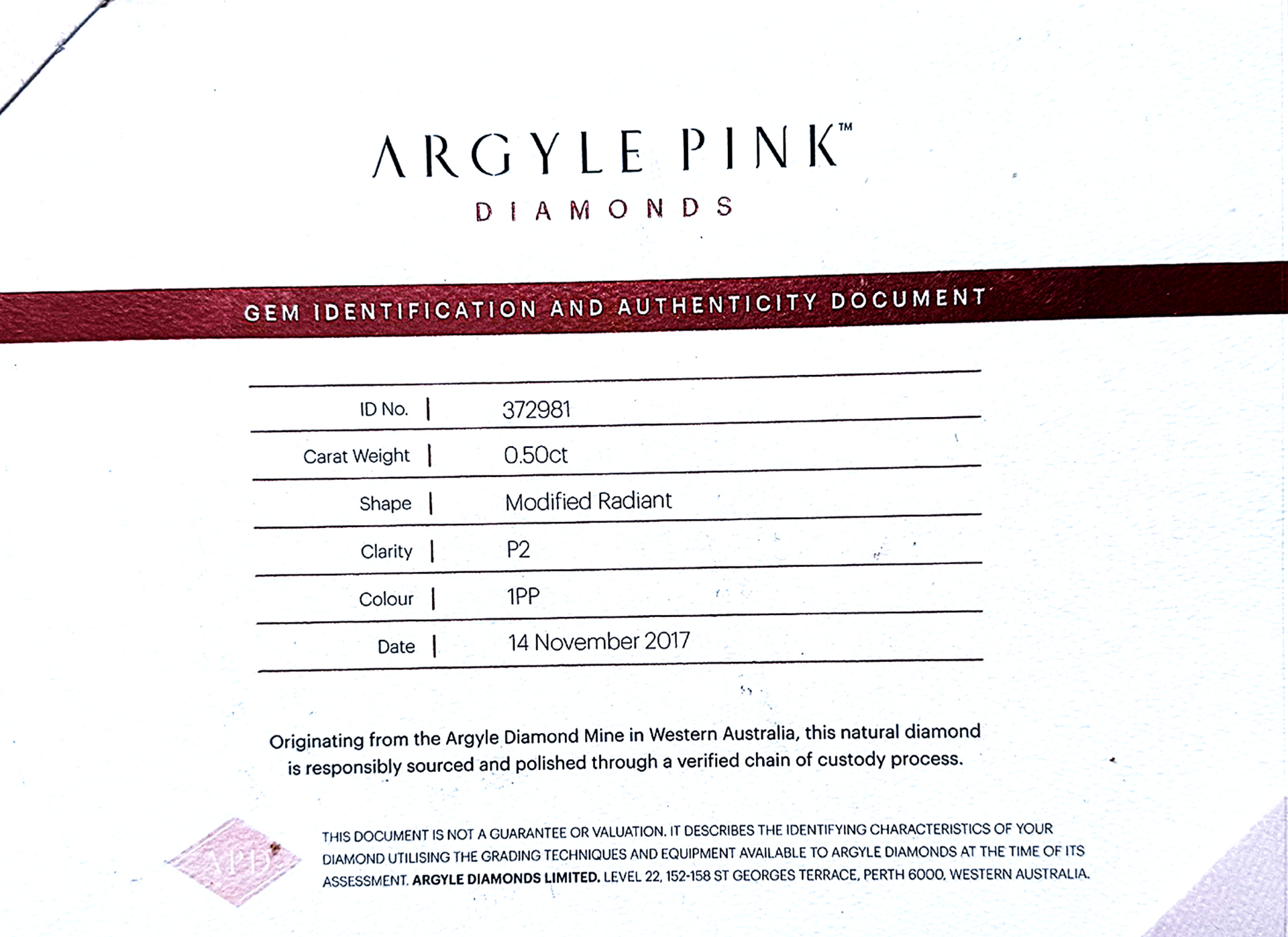 CERTIFIED ARGYLE Radiant Diamond 0.50ct 1PP P2