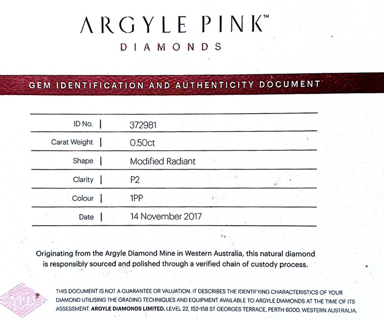 CERTIFIED ARGYLE Radiant Diamond 0.50ct 1PP P2