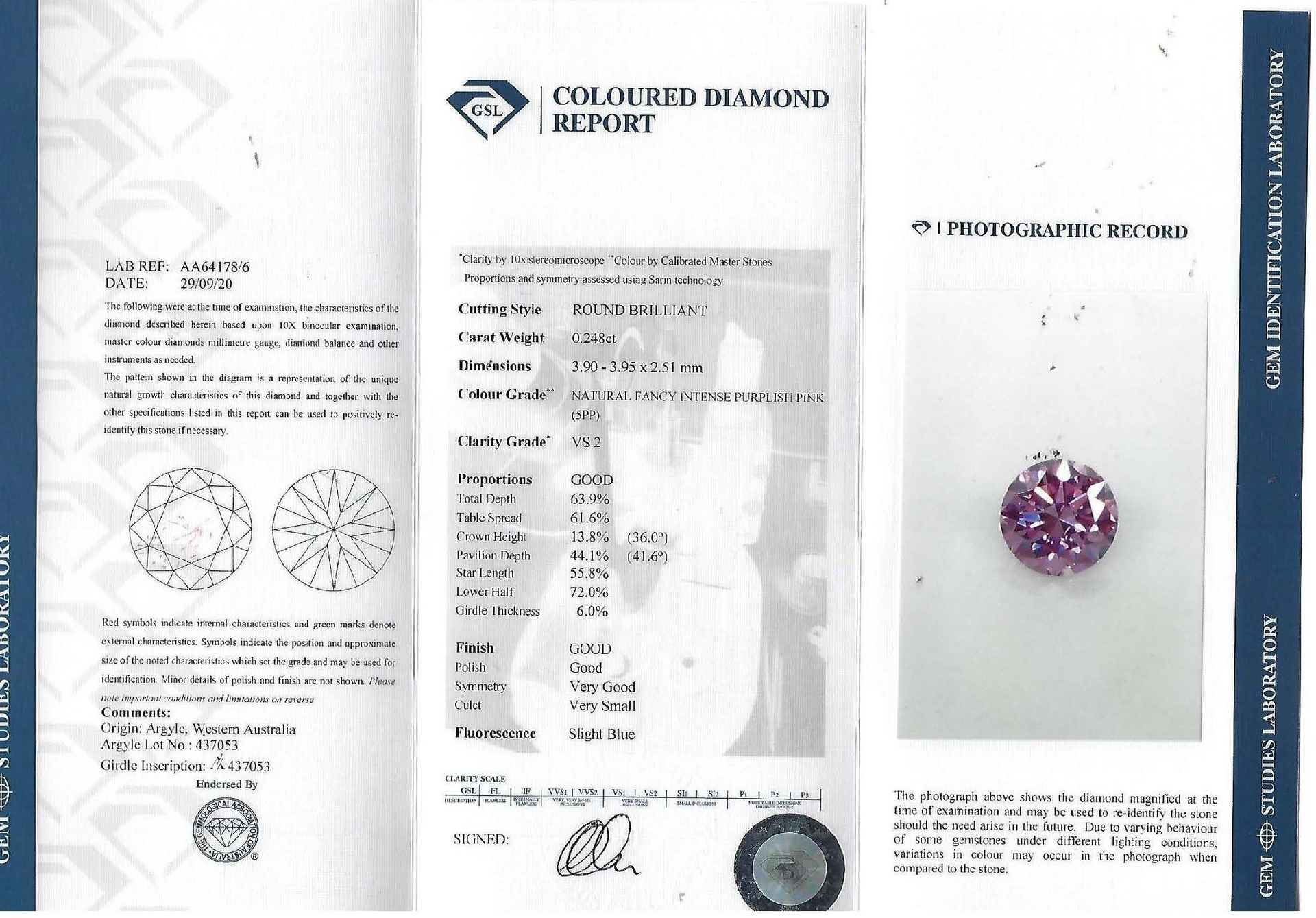 CERTIFIED ARGYLE Round Diamond 0.24ct 5PP VS2