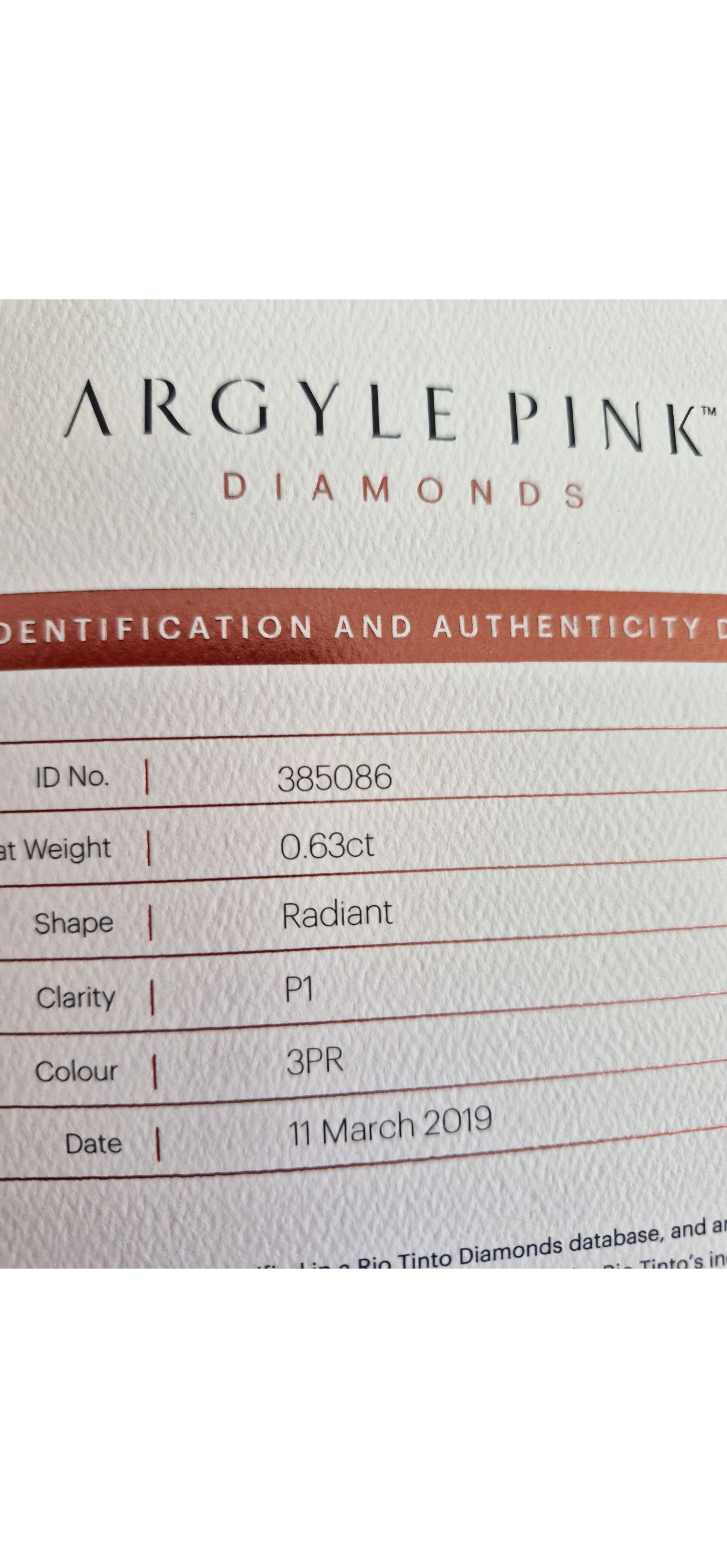 CERTIFIED ARGYLE Radiant Diamond 0.63ct 3PR P1
