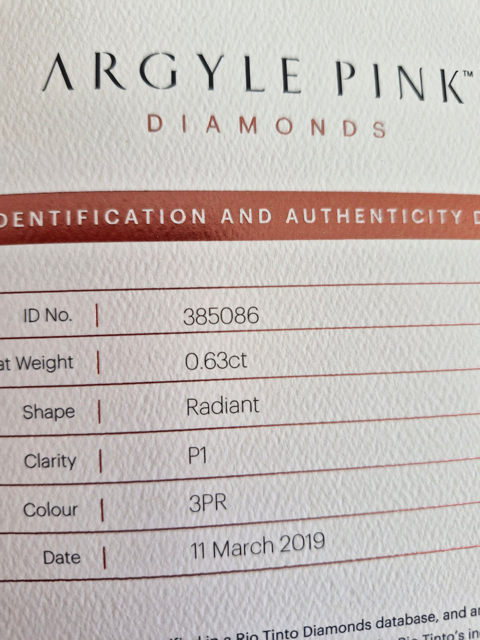 CERTIFIED ARGYLE Radiant Diamond 0.63ct 3PR P1