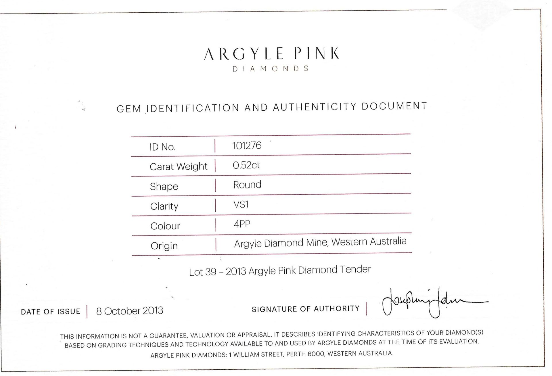 CERTIFIED ARGYLE Round Diamond 0.52ct 4PP VS1 Signature Tender Lot: 39 2013