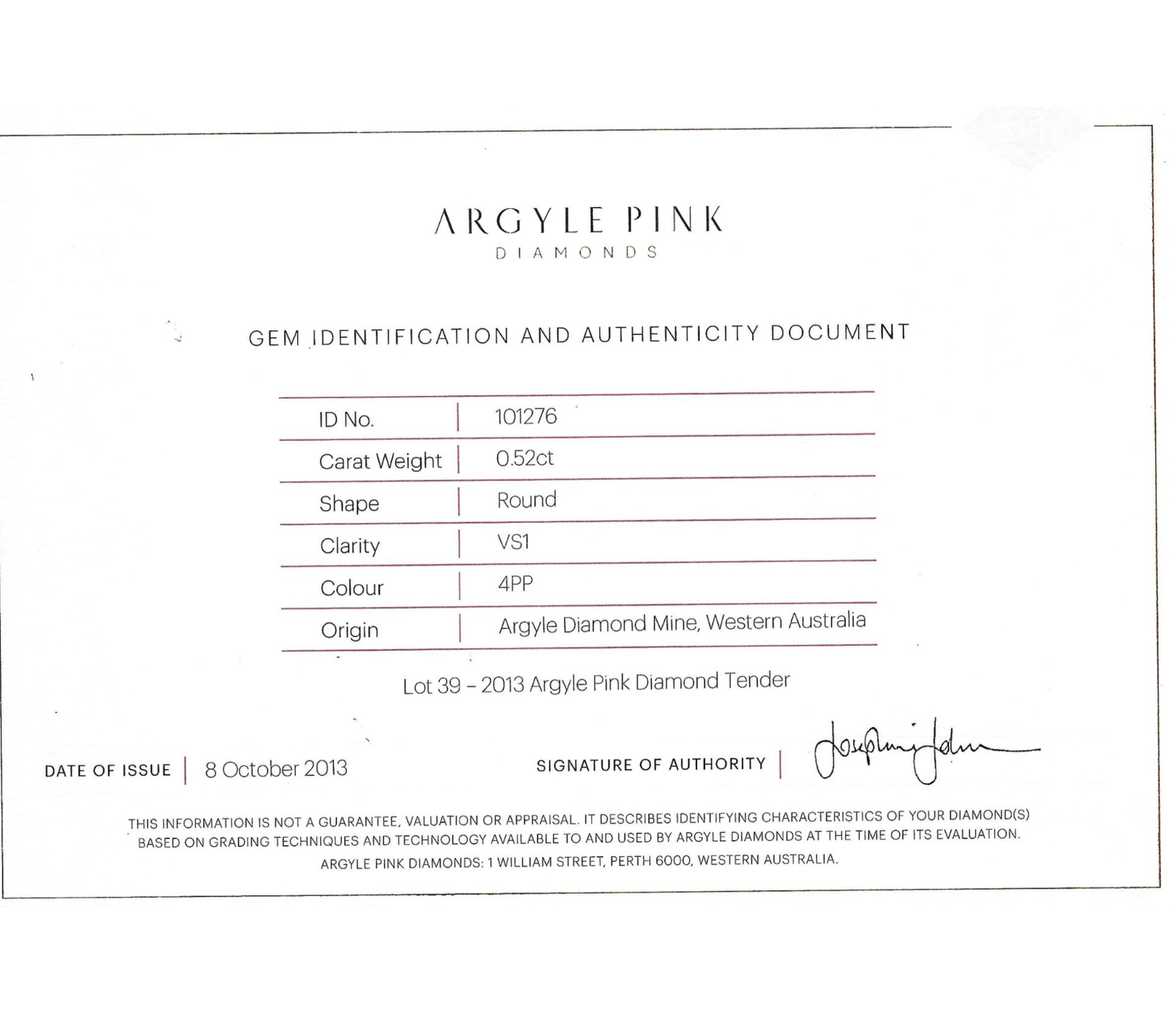 CERTIFIED ARGYLE Round Diamond 0.52ct 4PP VS1 Signature Tender Lot: 39 2013