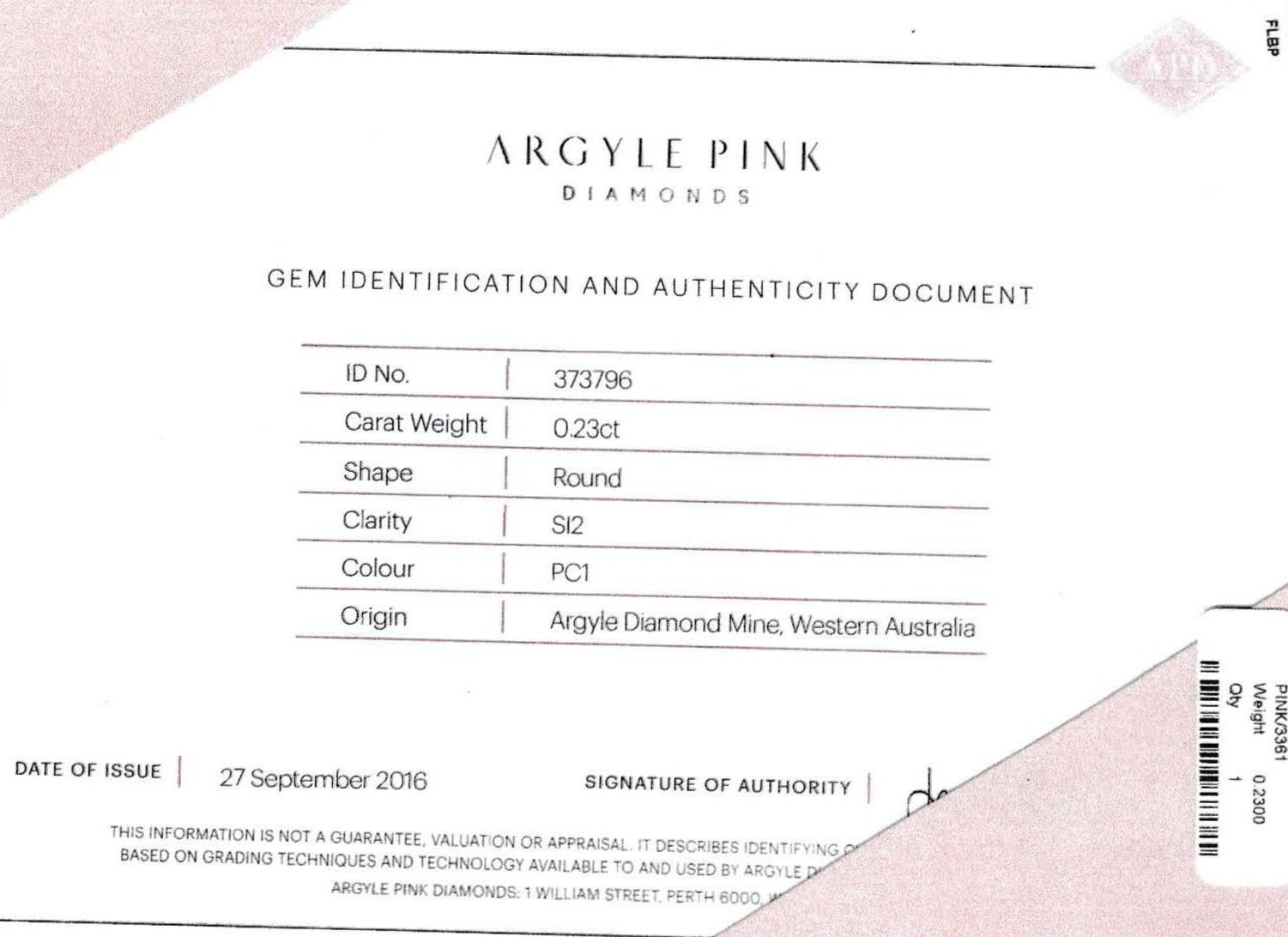 CERTIFIED ARGYLE Round Diamond 0.23ct PCI SIAV