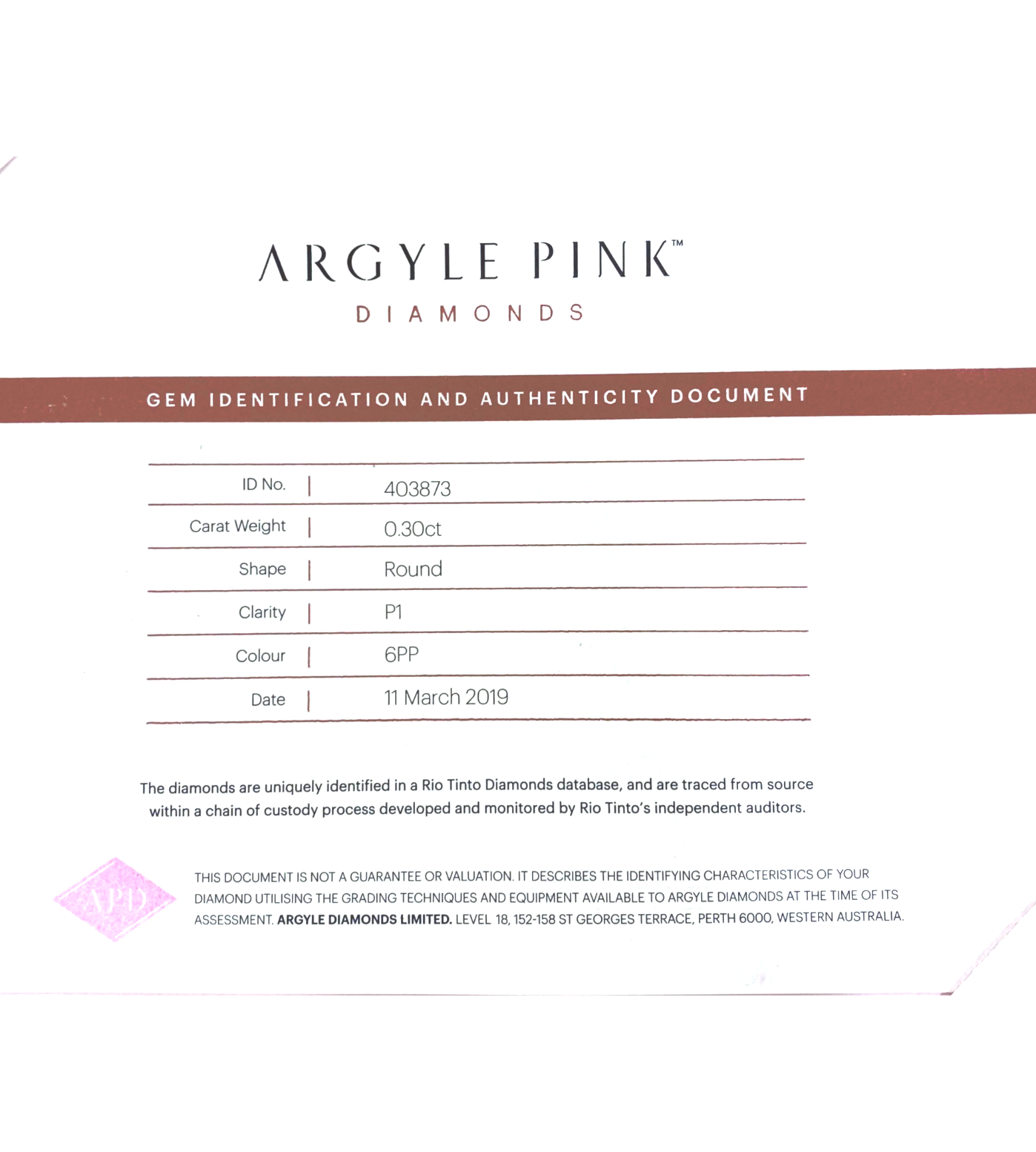 CERTIFIED ARGYLE Round Diamond 0.30ct 6PP P1 403873