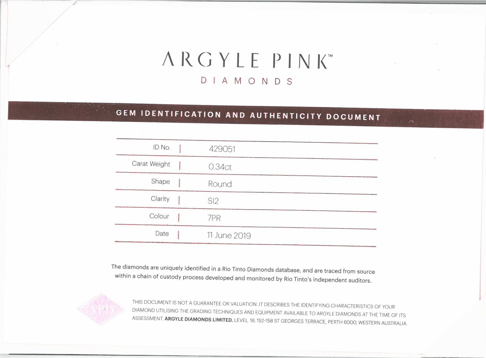 CERTIFIED ARGYLE Round Diamond 0.34ct 7PR SI2