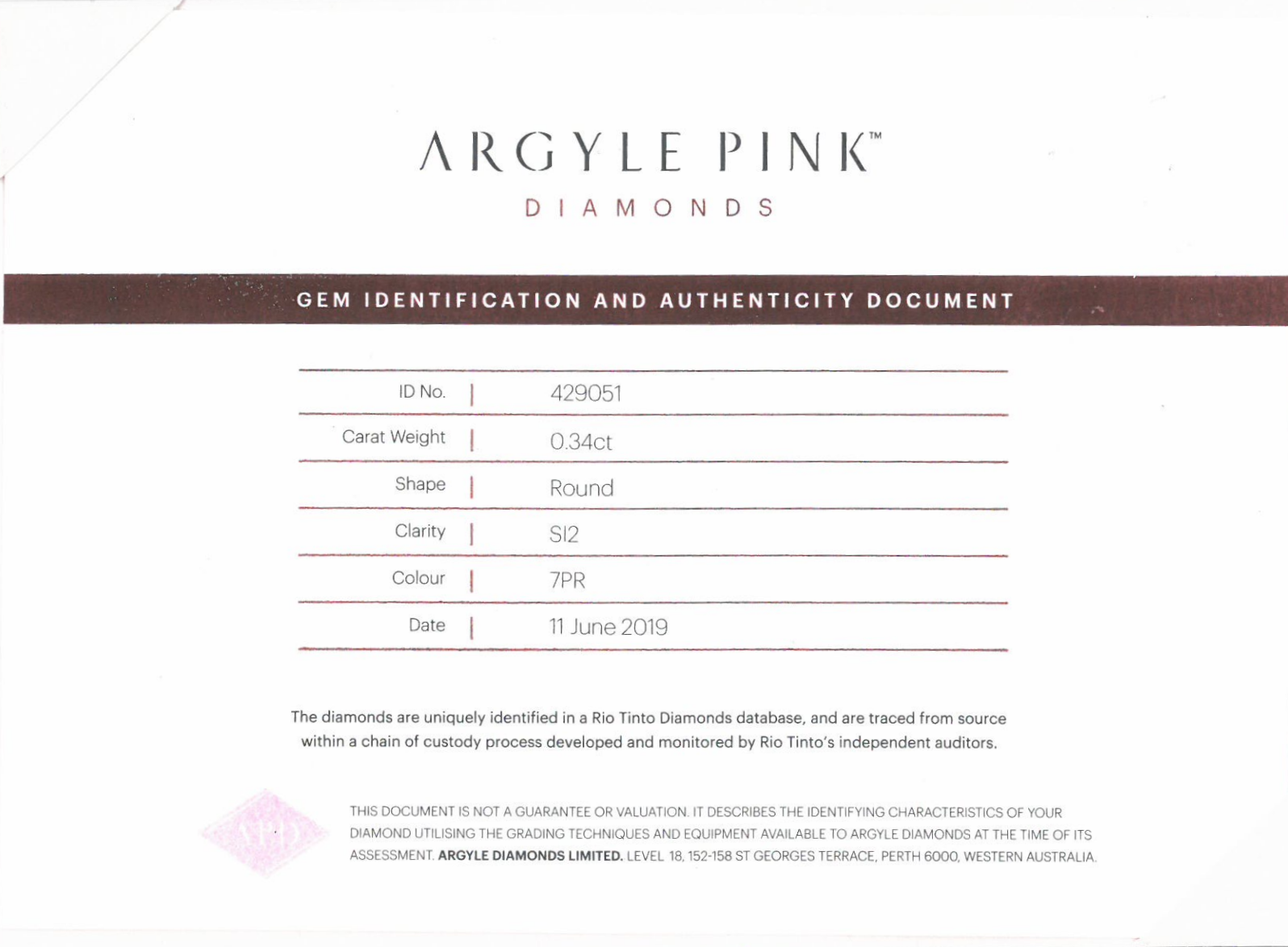 CERTIFIED ARGYLE Round Diamond 0.34ct 7PR SI2