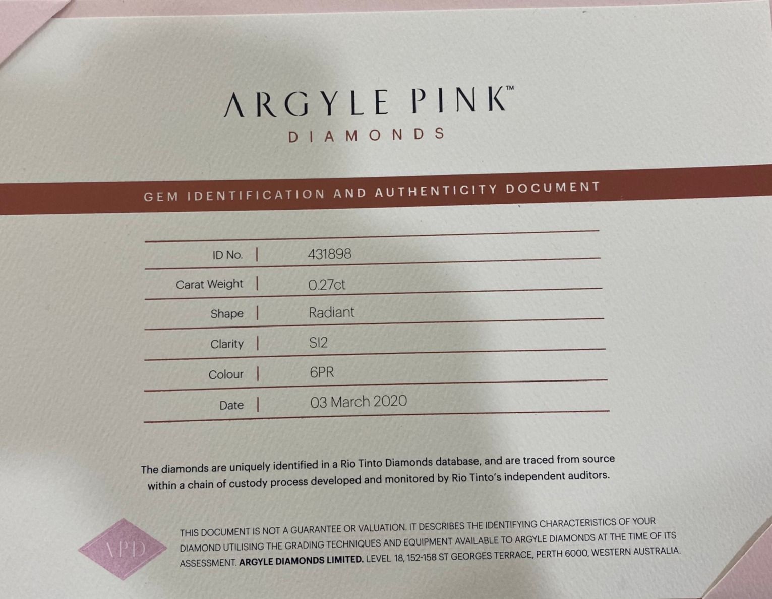 CERTIFIED ARGYLE Radiant Diamond 0.27ct 6PR SI2