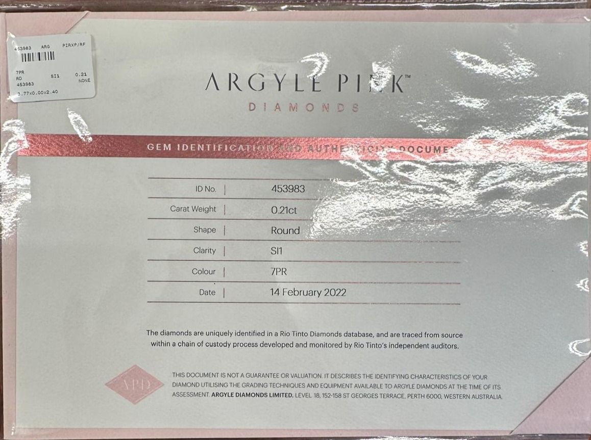 CERTIFIED ARGYLE Round Diamond 0.21ct 7PR SI1
