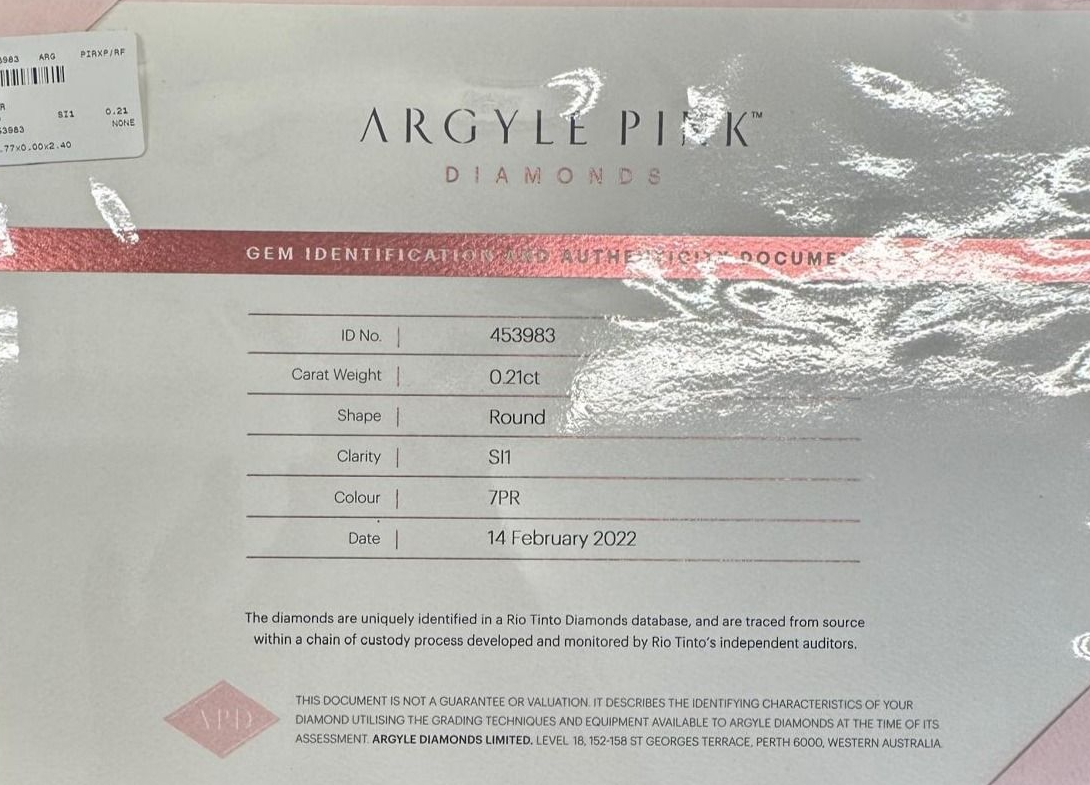 CERTIFIED ARGYLE Round Diamond 0.21ct 7PR SI1