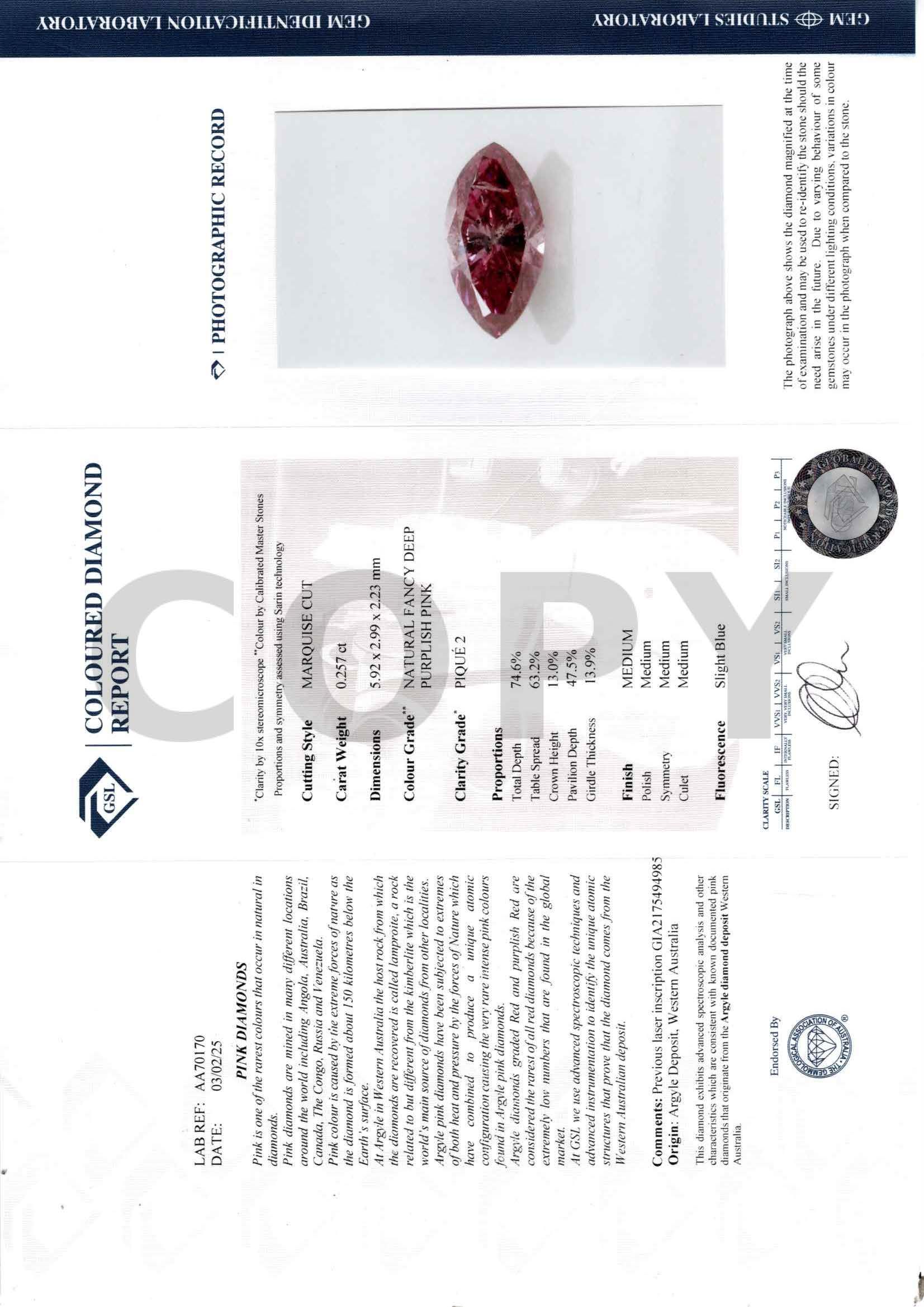 CERTIFIED ARGYLE Marquise Diamond 0.25CT 2PP EQ P2