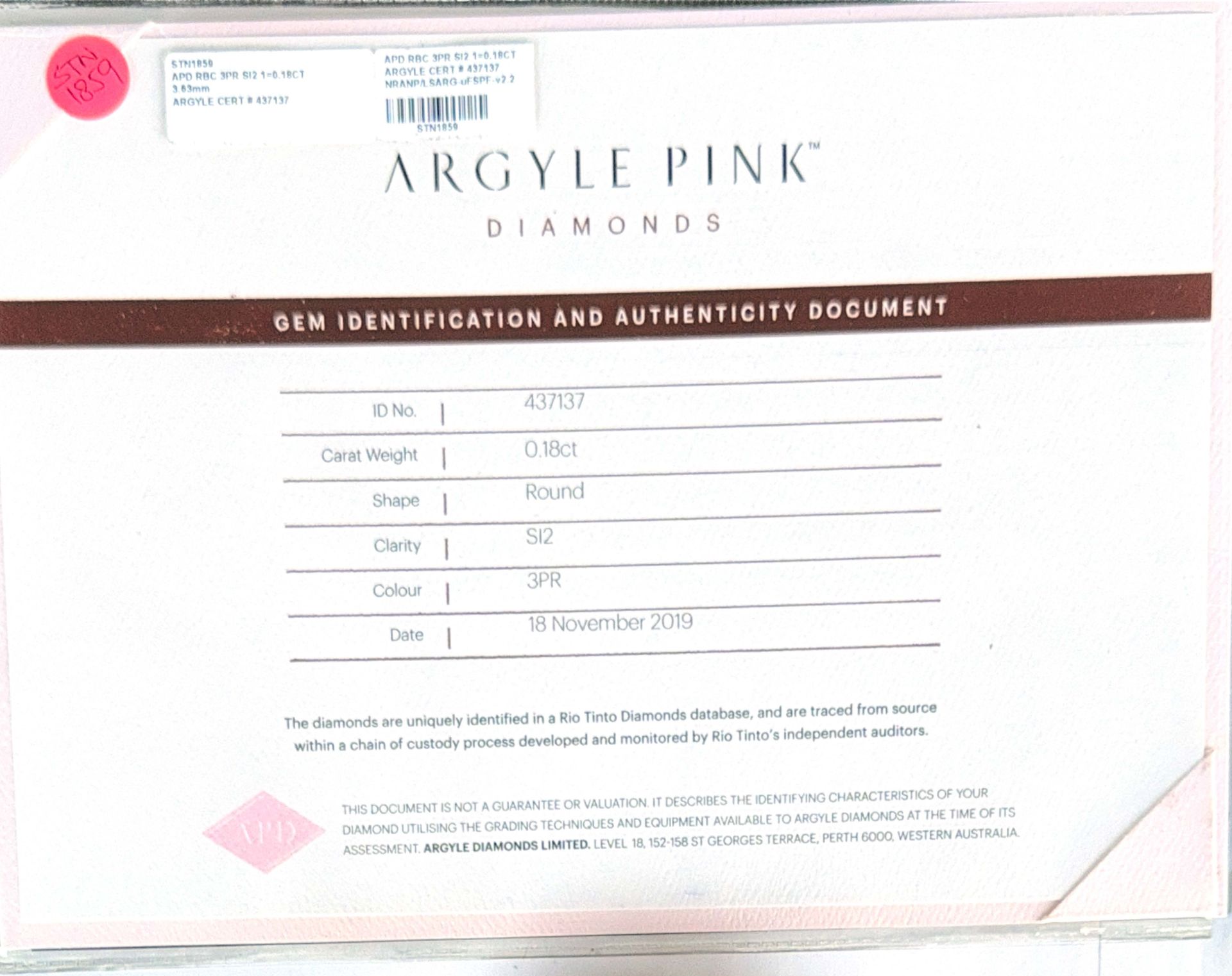 CERTIFIED ARGYLE Round Diamond 0.18ct 3PR SI2