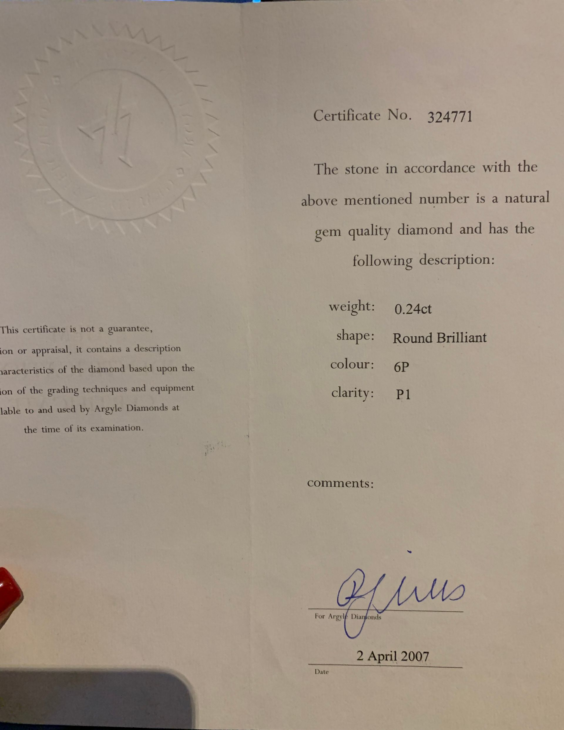 CERTIFIED ARGYLE Round Diamond 0.24ct 6P P1