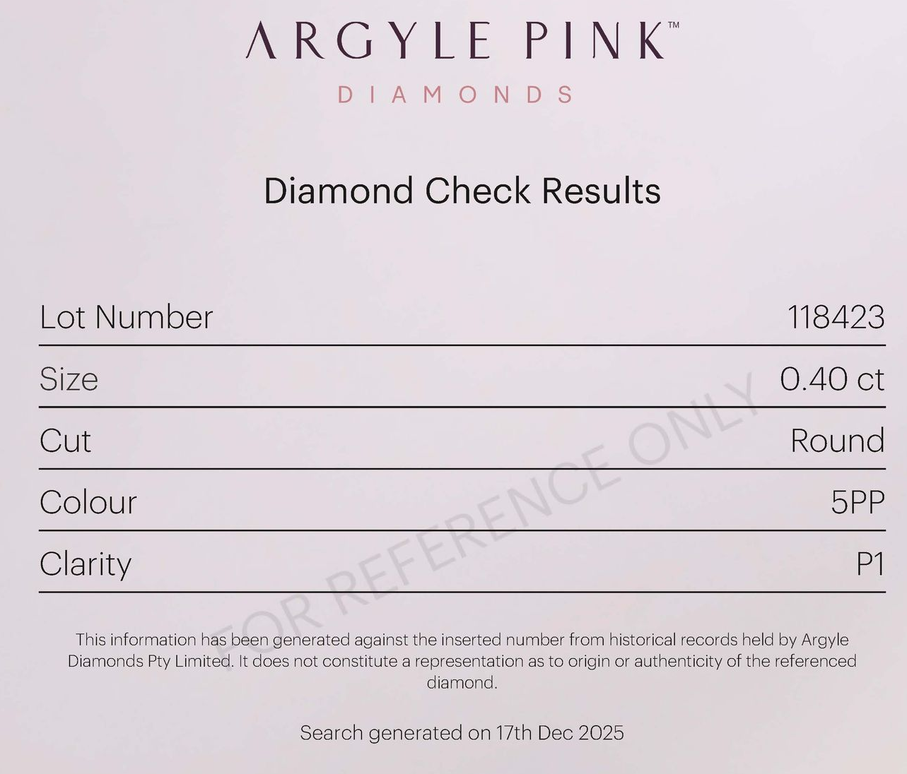 CERTIFIED ARGYLE Round Diamond 0.40ct 5PP P1
