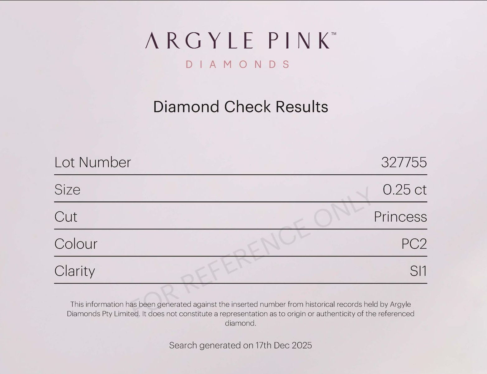 CERTIFIED ARGYLE Princess Diamond 0.25ct PC2 SI