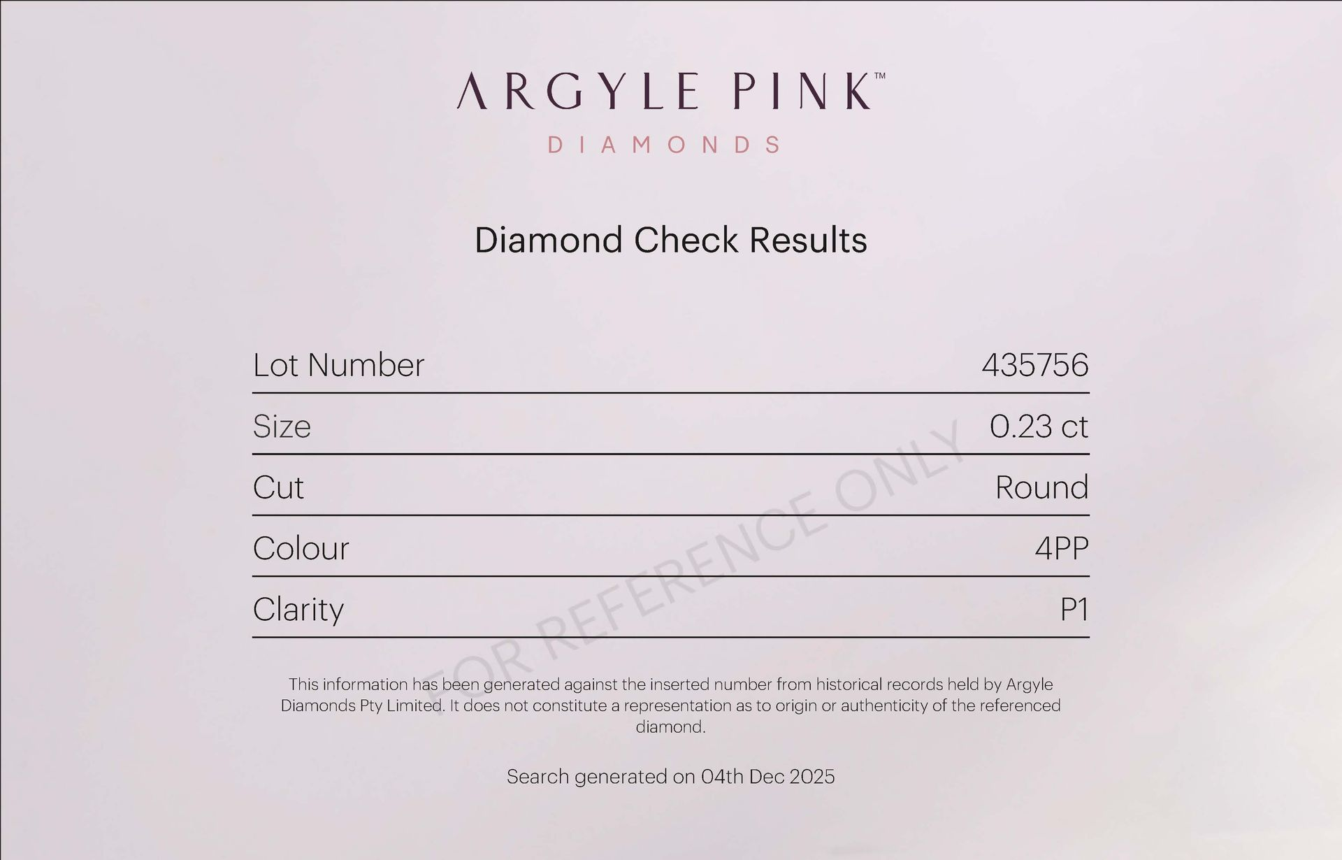 CERTIFIED ARGYLE Round Diamond 0.23CT 4PP P1