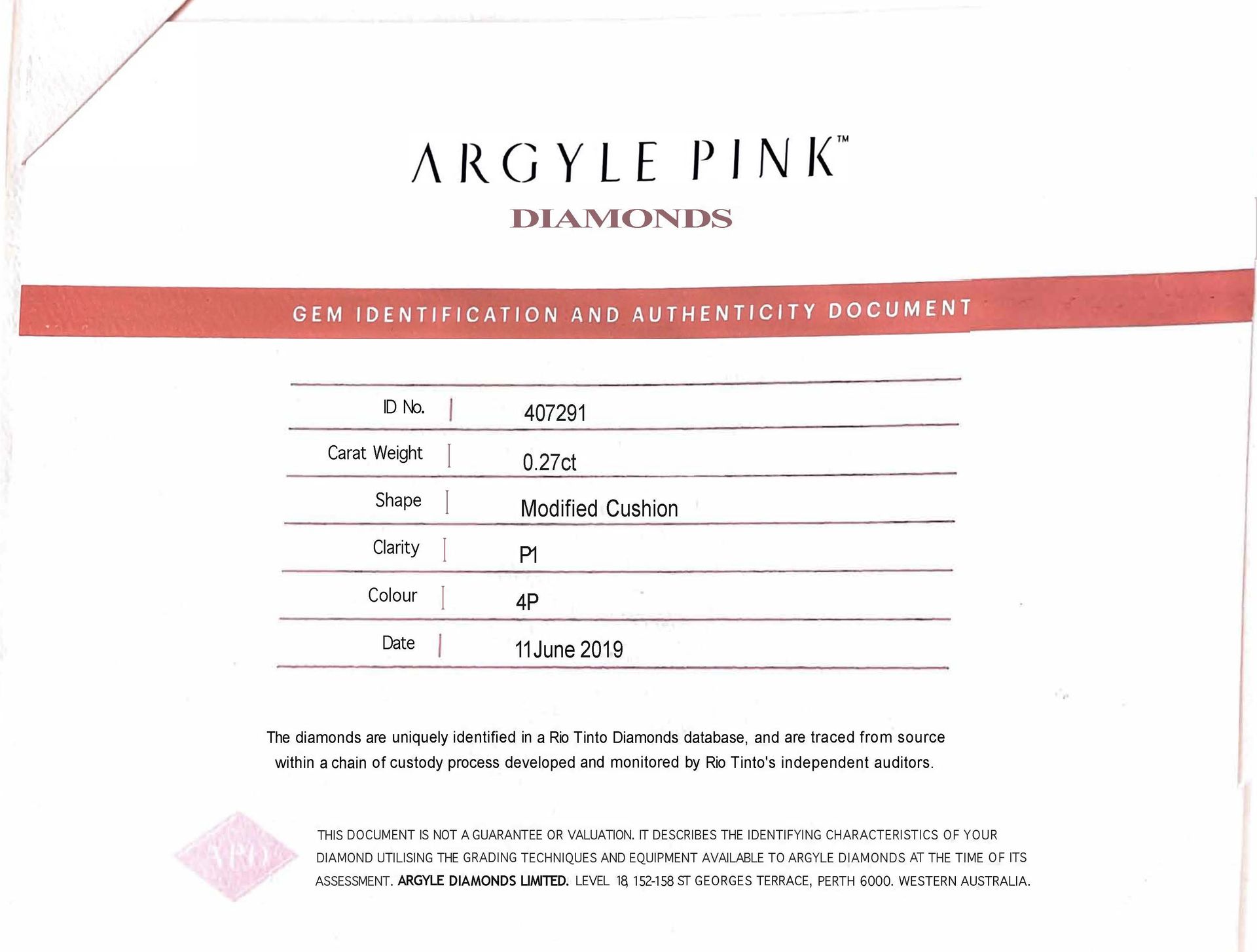 CERTIFIED ARGYLE Cushion Diamond 0.27CT 4P P1