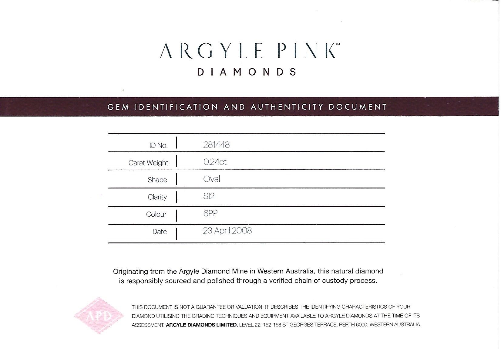 CERTIFIED ARGYLE Oval 0.24ct 6PP SI2