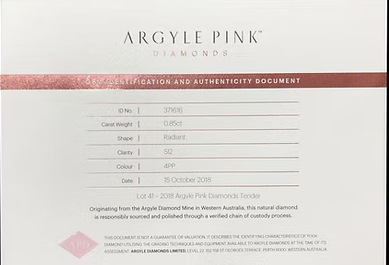 CERTIFIED ARGYLE RADIANT 0.85CT 4PP FIPP SI2 TENDER