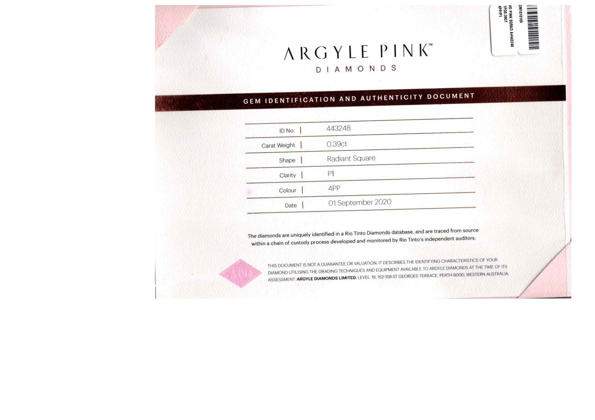 CERTIFIED ARGYLE Radiant 0.39ct 4PP P1