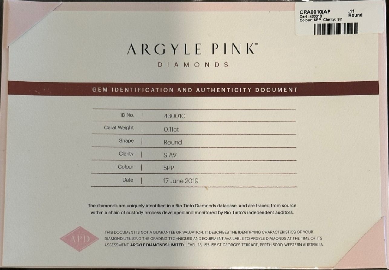 CERTIFIED ARGYLE Round  Diamond 0.11ct 5PP SIAV