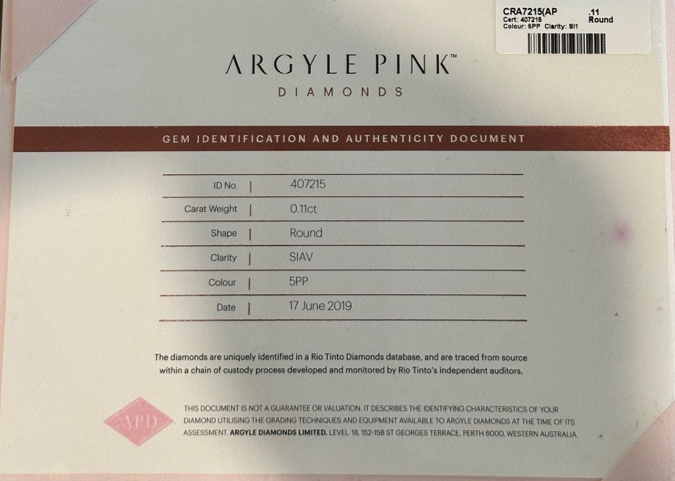 CERTIFIED ARGYLE Round Diamond 0.11ct 5PP SIAV