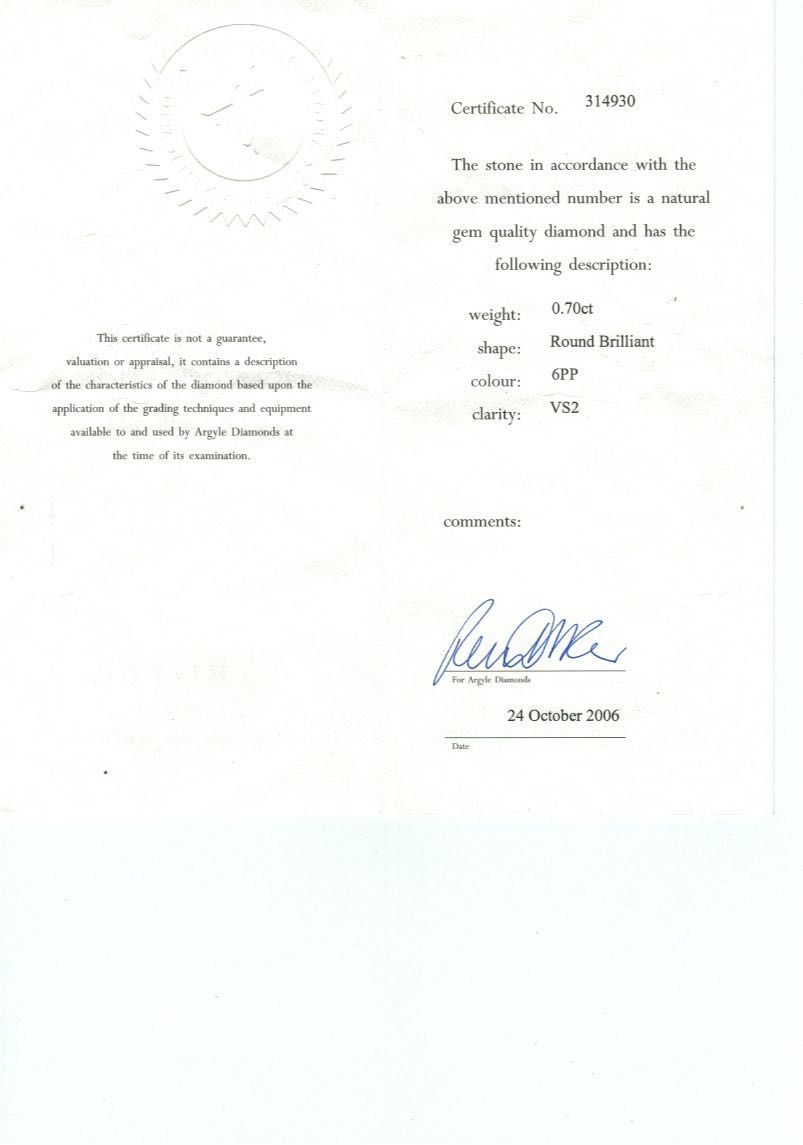 CERTIFIED ARGYLE Round Diamond 0.70ct 6PP VS2