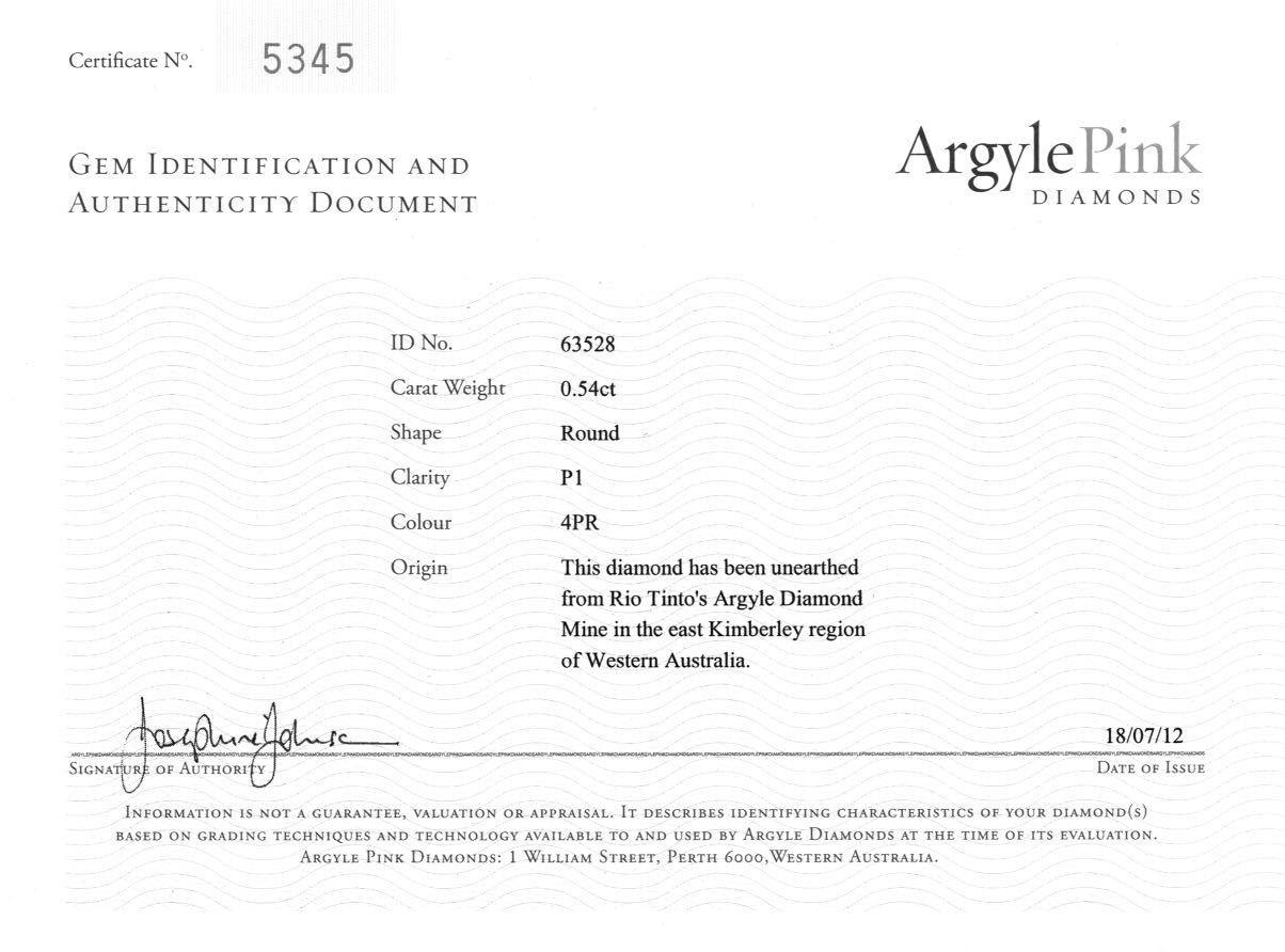 CERTIFIED ARGYLE Round Diamond 0.54ct 4PR P1