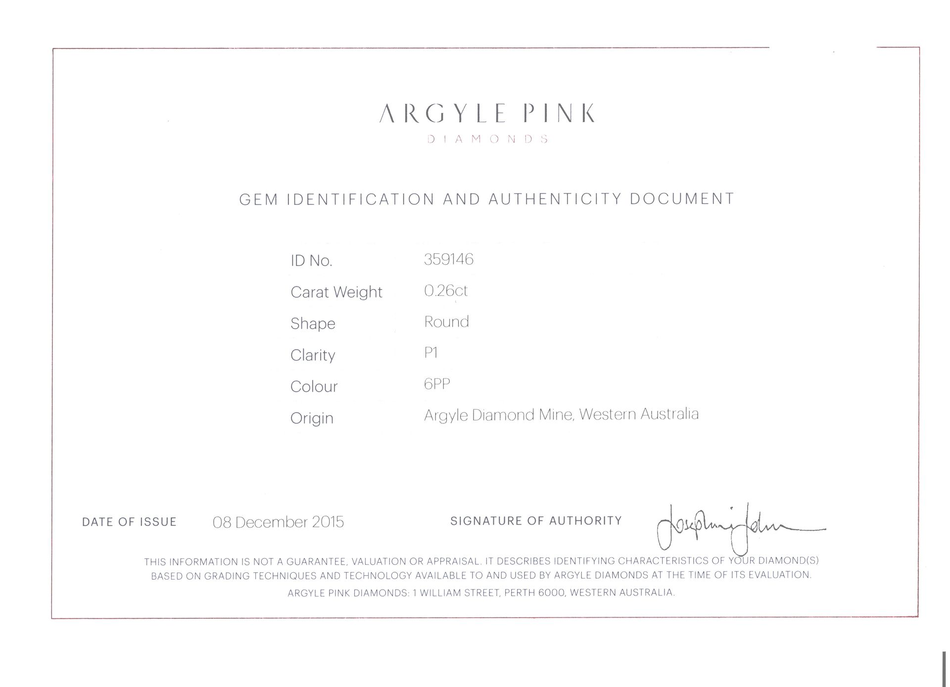 CERTIFIED ARGYLE Round Diamond 0.26ct 6PP P1 Argyle# 359146