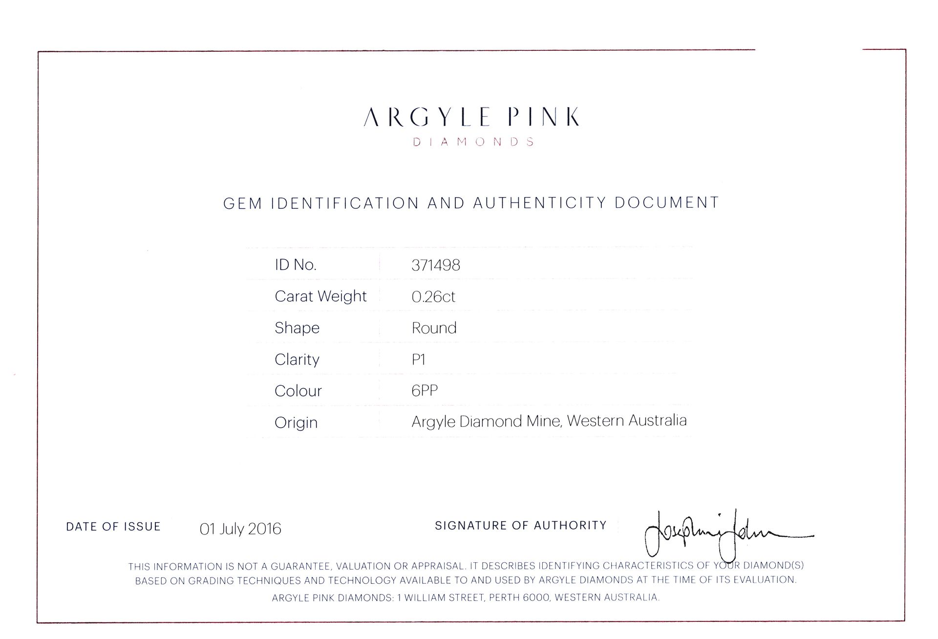 CERTIFIED ARGYLE Round Diamond 0.26ct 6PP P1 Argyle# 371498