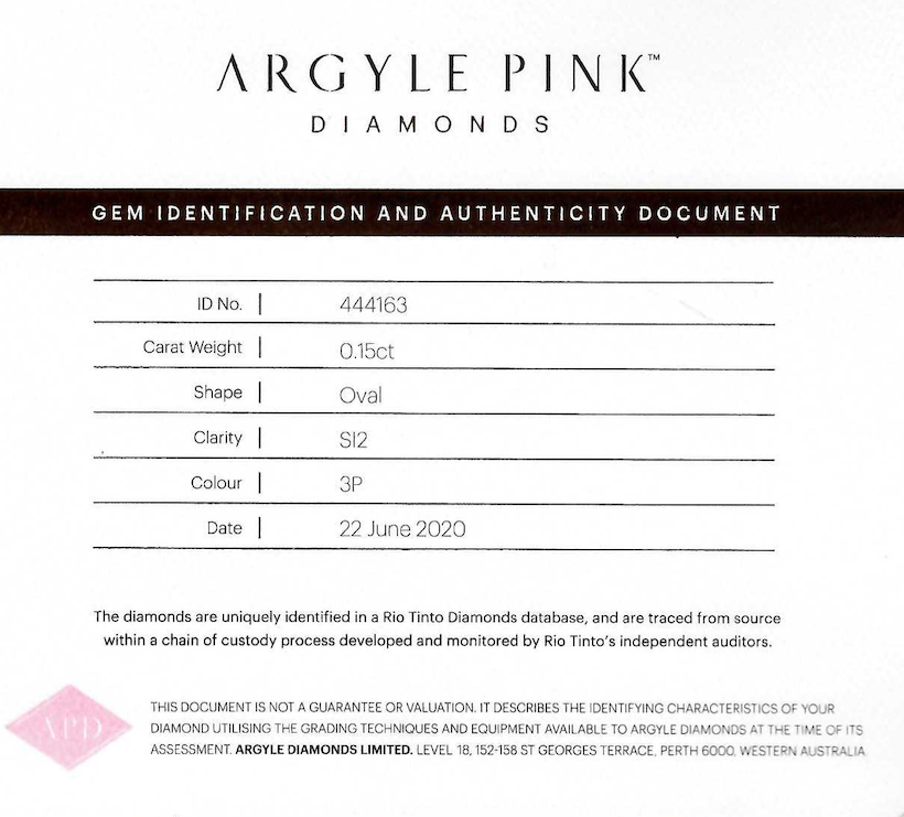 CERTIFIED ARGYLE Oval Diamond 0.15ct 3P SI2