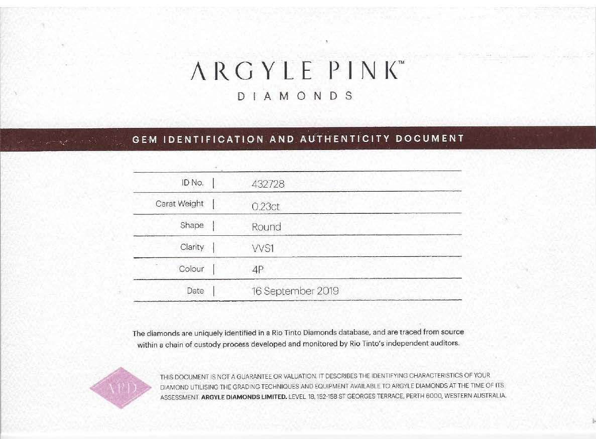 CERTIFIED ARGYLE Round Diamond 0.23ct 4P VVS1