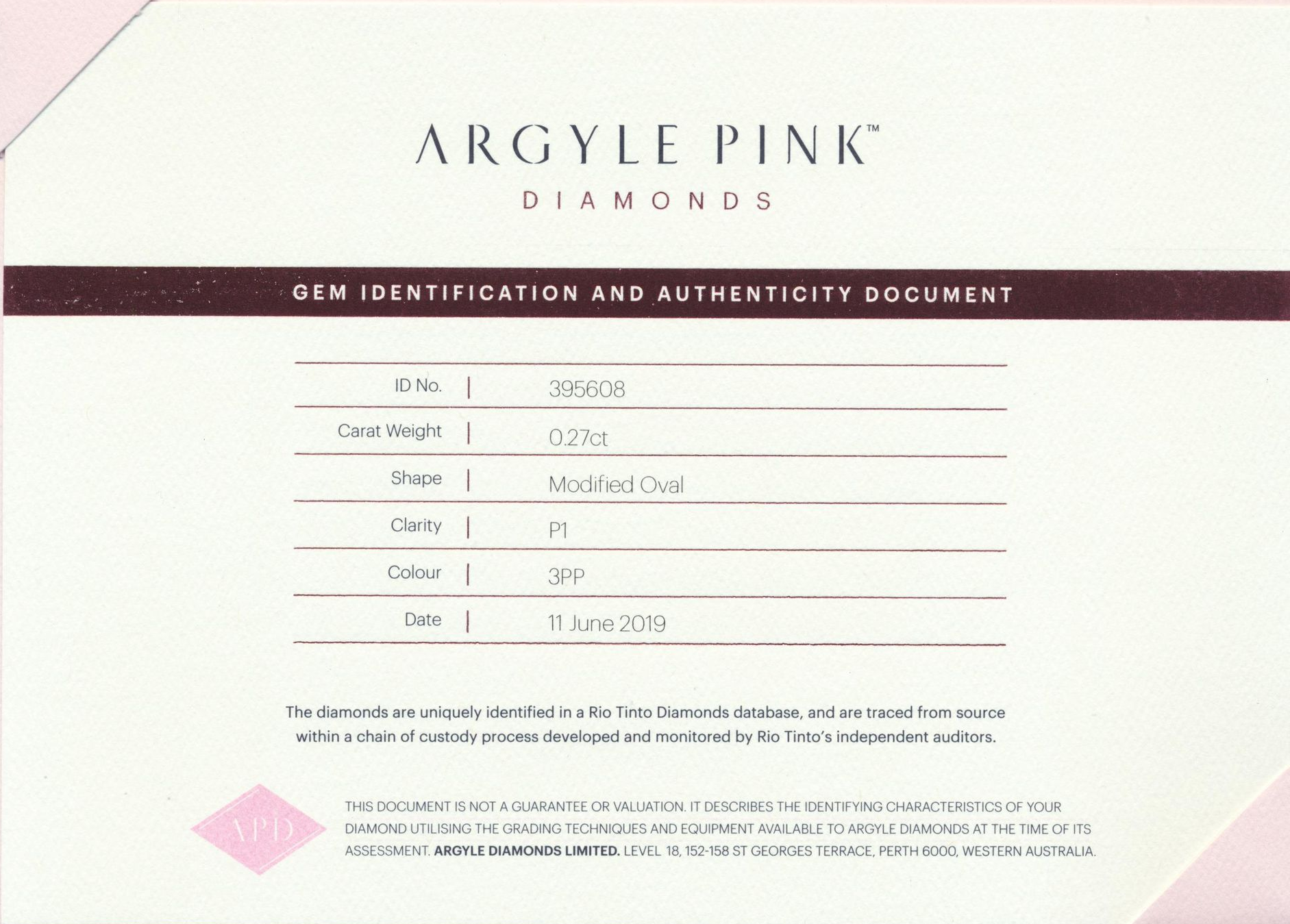 CERTIFIED ARGYLE Oval Diamond 0.27CT 3PP P1