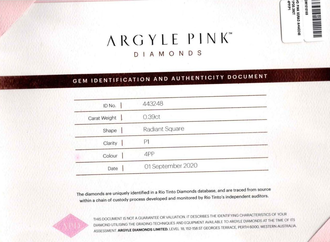 CERTIFIED ARGYLE Radiant 0.39ct 4PP P1