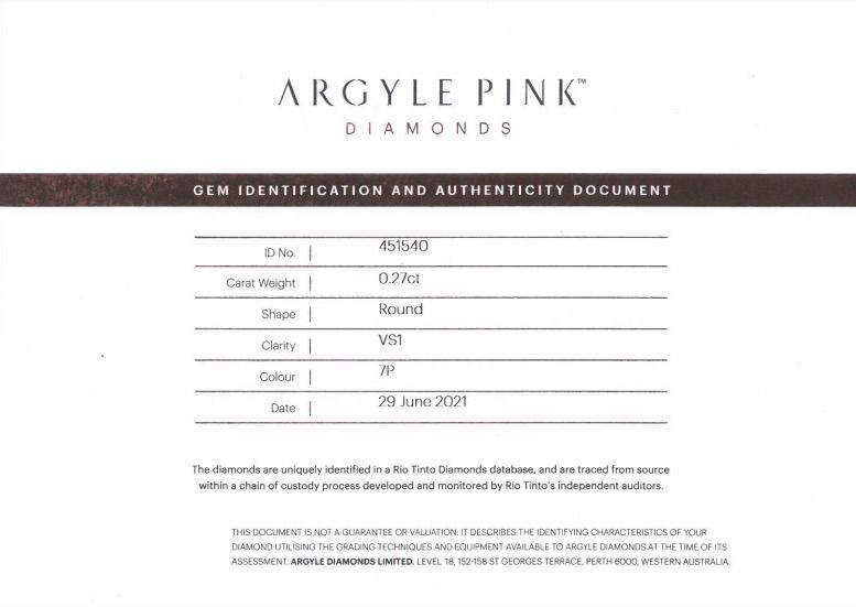 CERTIFIED ARGYLE Round Diamond 0.27ct 7P VS1